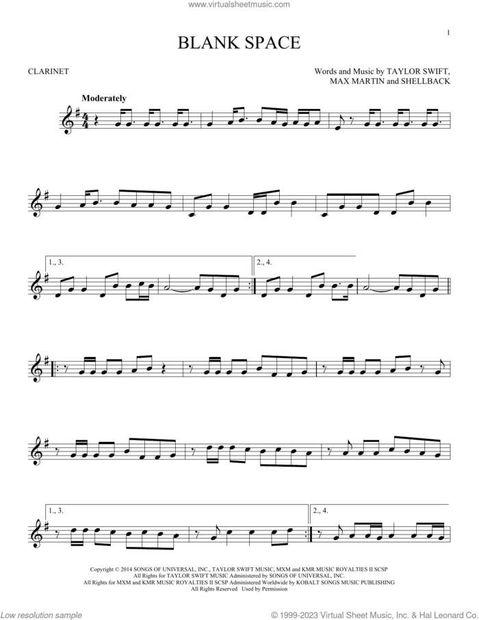 Blank Space sheet music for clarinet solo by Taylor Swift, Johan Schuster, Max Martin and Shellback, intermediate skill level