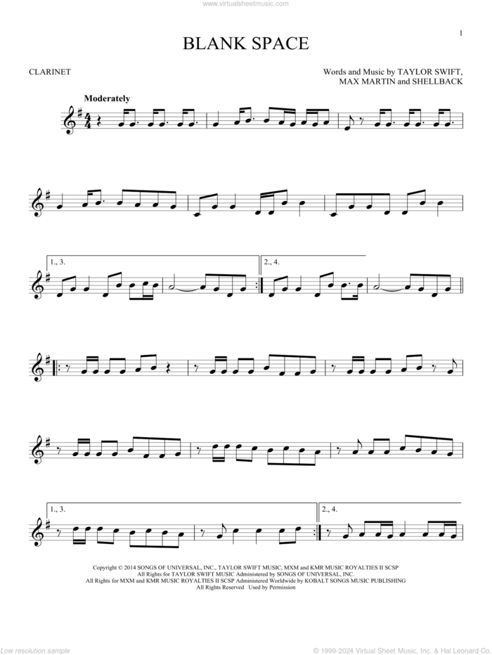 Blank Space sheet music for clarinet solo by Taylor Swift, Johan Schuster, Max Martin and Shellback, intermediate skill level