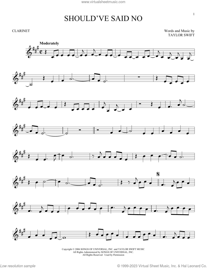 Should've Said No sheet music for clarinet solo by Taylor Swift, intermediate skill level