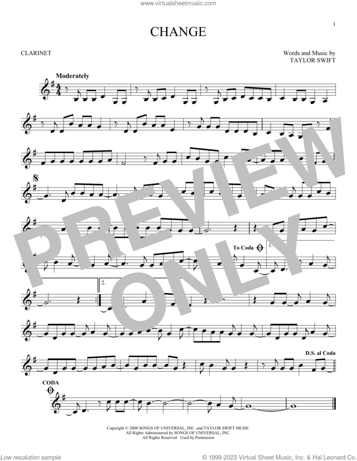 Change sheet music for clarinet solo by Taylor Swift, intermediate skill level