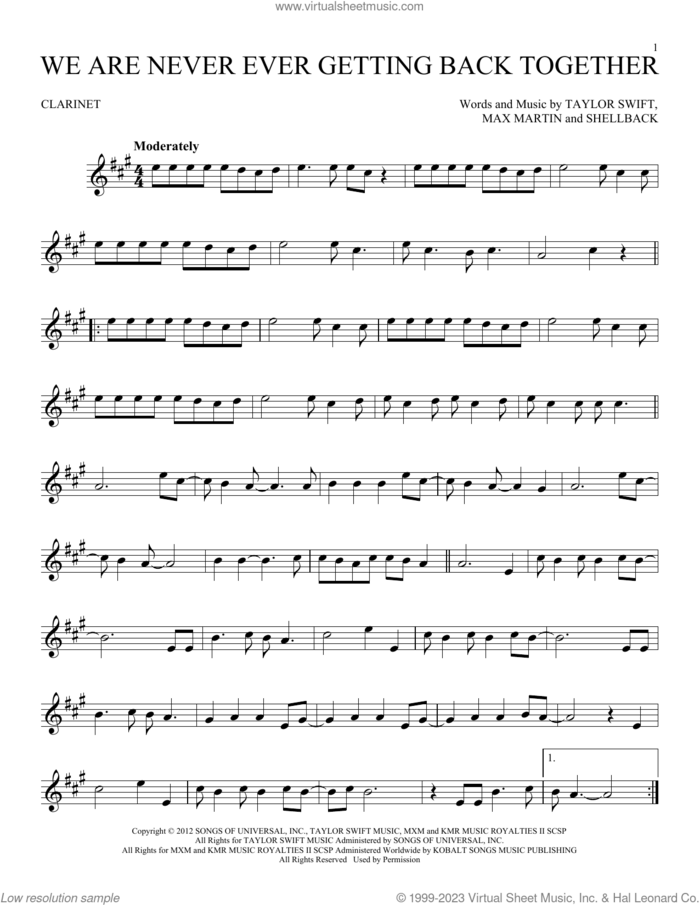 We Are Never Ever Getting Back Together sheet music for clarinet solo by Taylor Swift, Max Martin and Shellback, intermediate skill level