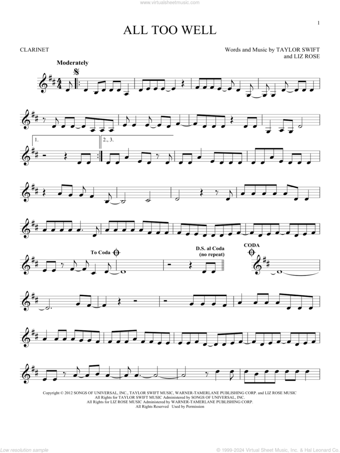 All Too Well sheet music for clarinet solo by Taylor Swift and Liz Rose, intermediate skill level