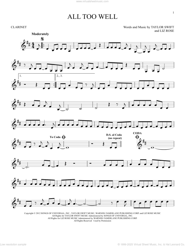 All Too Well sheet music for clarinet solo by Taylor Swift and Liz Rose, intermediate skill level