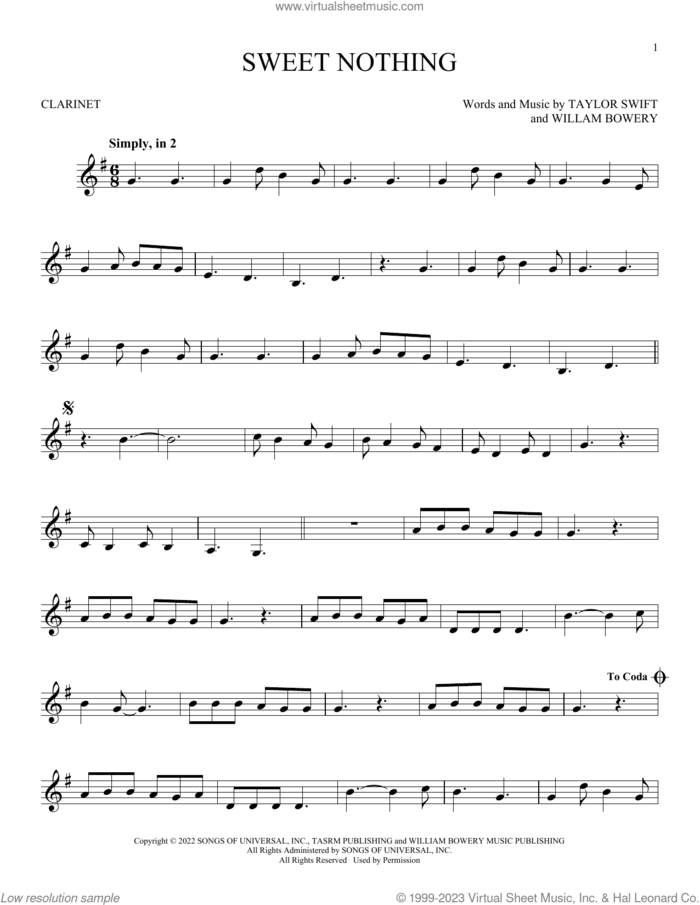 Sweet Nothing sheet music for clarinet solo by Taylor Swift and William Bowery, intermediate skill level