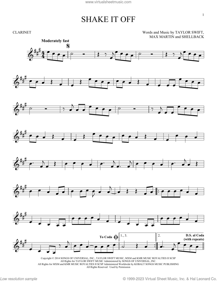 Shake It Off sheet music for clarinet solo by Taylor Swift, Johan Schuster, Max Martin and Shellback, intermediate skill level