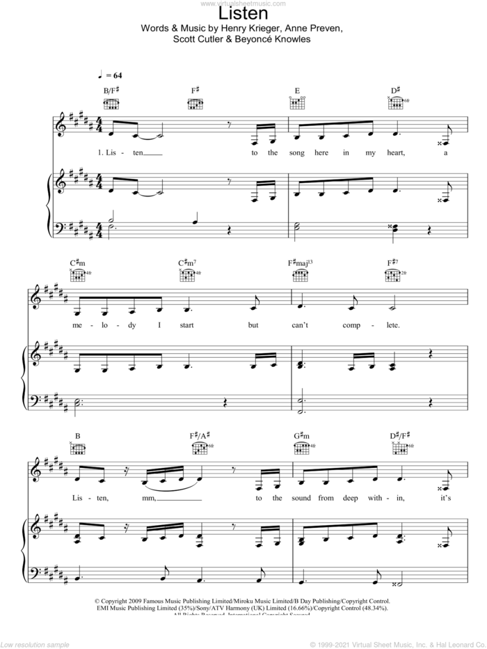 Listen (from Dreamgirls) sheet music for voice, piano or guitar by Beyonce, Anne Preven, Henry Krieger and Scott Cutler, intermediate skill level