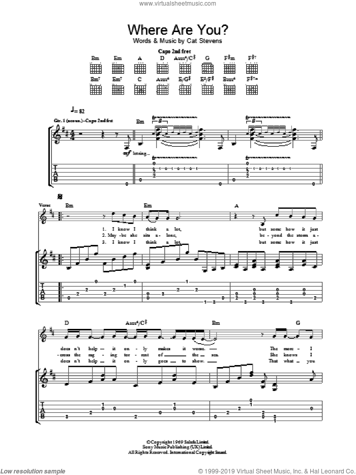 Where Are You? sheet music for guitar (tablature) by Cat Stevens, intermediate skill level