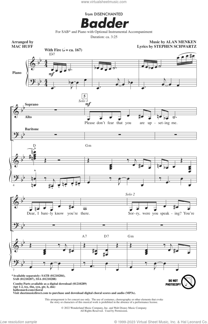 Badder (from Disenchanted) (arr. Mac Huff) sheet music for choir (SAB: soprano, alto, bass) by Amy Adams and Maya Rudolph, Mac Huff, Alan Menken and Stephen Schwartz, intermediate skill level