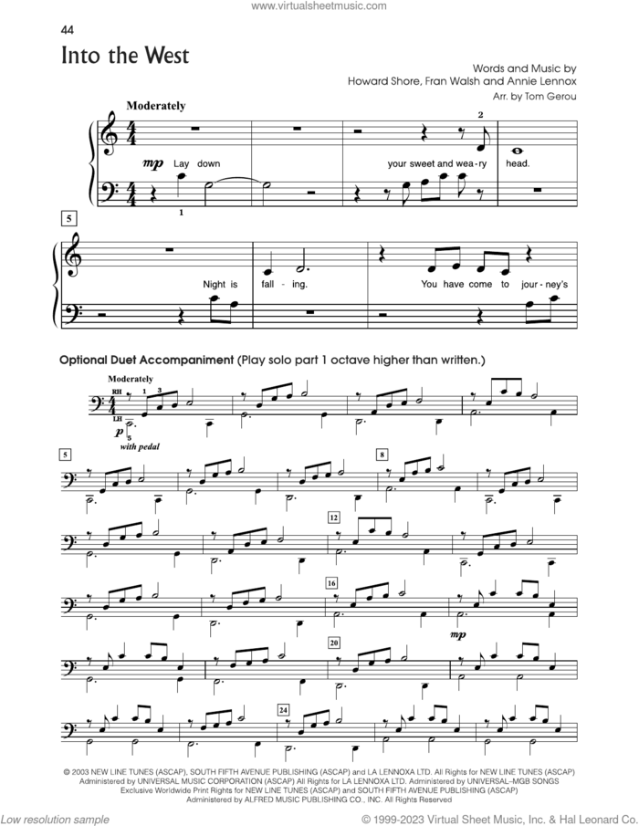 Into The West (from The Lord Of The Rings) (arr. Tom Gerou) sheet music for piano solo (5-fingers) by Annie Lennox, Fran Walsh and Howard Shore, beginner piano (5-fingers)