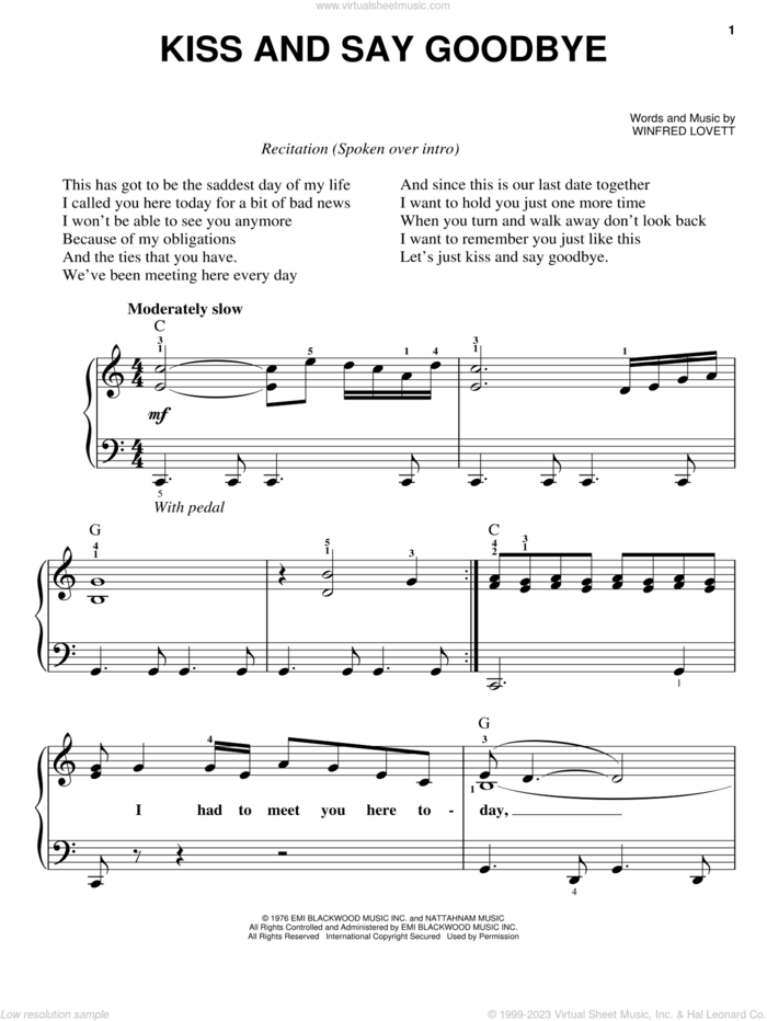 Kiss And Say Goodbye sheet music for piano solo by The Manhattans and Winfred Lovett, easy skill level