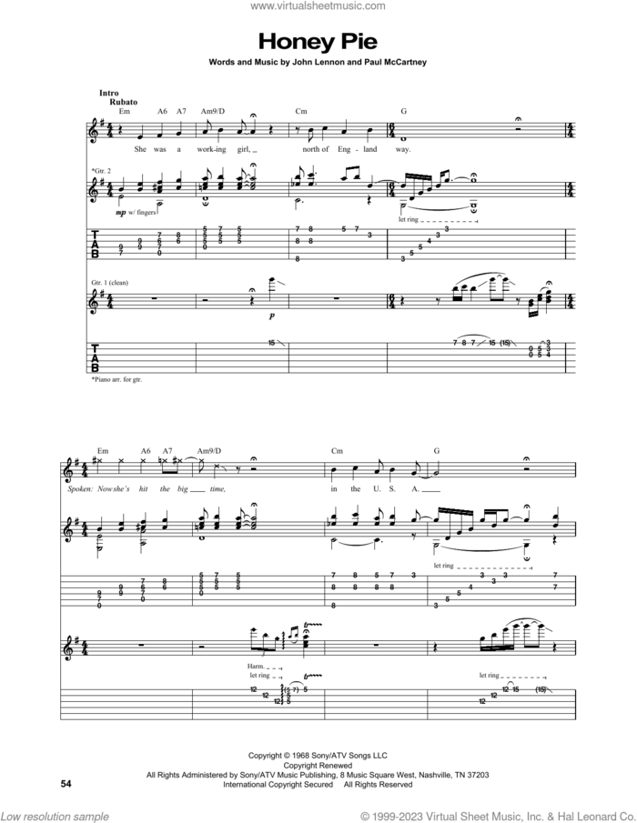 Honey Pie sheet music for guitar (tablature) by The Beatles, John Lennon and Paul McCartney, intermediate skill level
