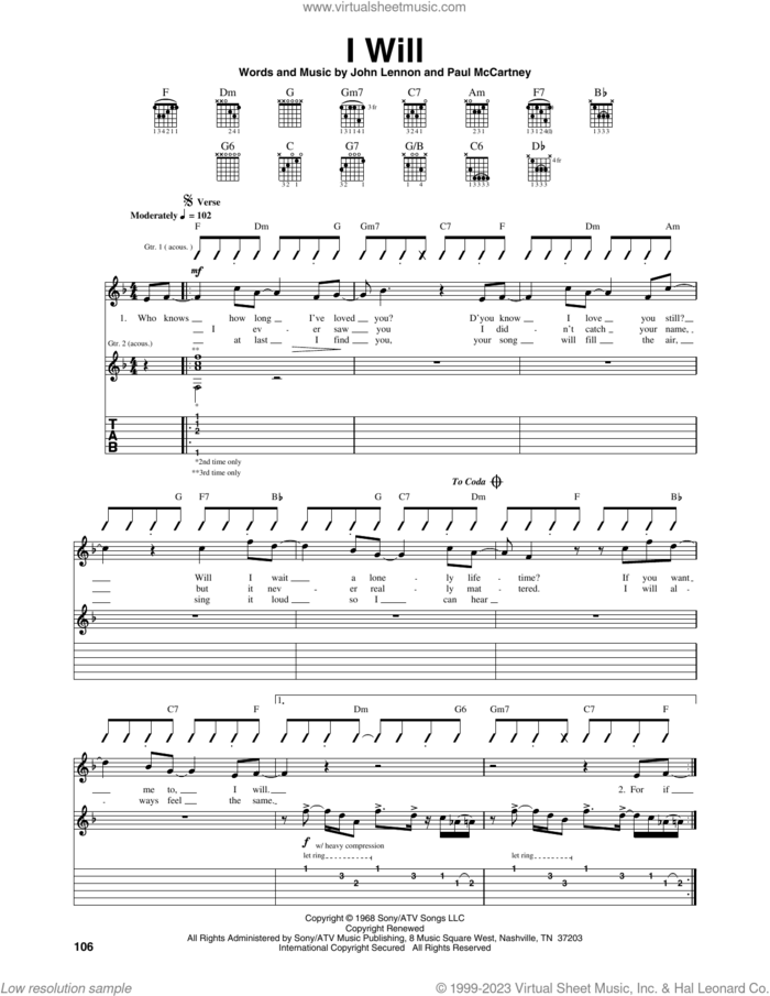I Will sheet music for guitar (tablature) by The Beatles, John Lennon and Paul McCartney, wedding score, intermediate skill level