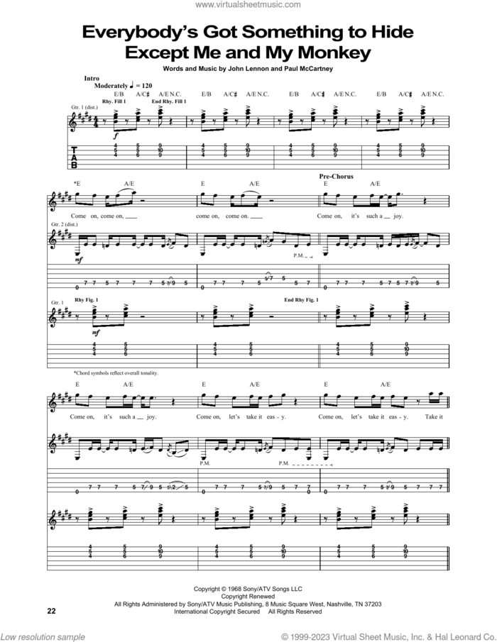 Everybody's Got Something To Hide Except Me And My Monkey sheet music for guitar (tablature) by The Beatles, John Lennon and Paul McCartney, intermediate skill level
