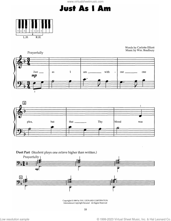 Just As I Am sheet music for piano solo (5-fingers) by William B. Bradbury and Charlotte Elliott, beginner piano (5-fingers)