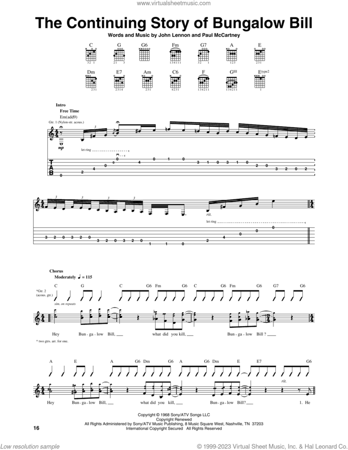 The Continuing Story Of Bungalow Bill sheet music for guitar (tablature) by The Beatles, John Lennon and Paul McCartney, intermediate skill level