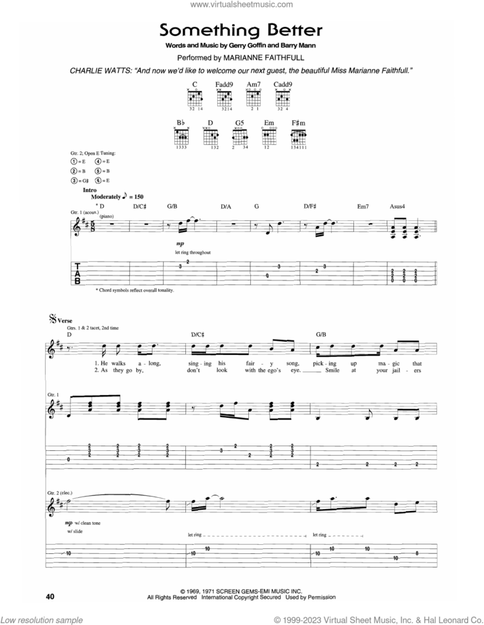 Something Better sheet music for guitar (tablature) by Marianne Faithfull, The Rolling Stones, Barry Mann and Gerry Goffin, intermediate skill level