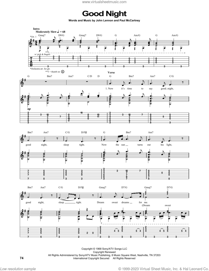 Good Night sheet music for guitar (tablature) by The Beatles, John Lennon and Paul McCartney, intermediate skill level