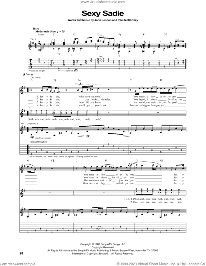 Sexy Sadie sheet music for guitar (tablature) by The Beatles, John Lennon and Paul McCartney, intermediate skill level