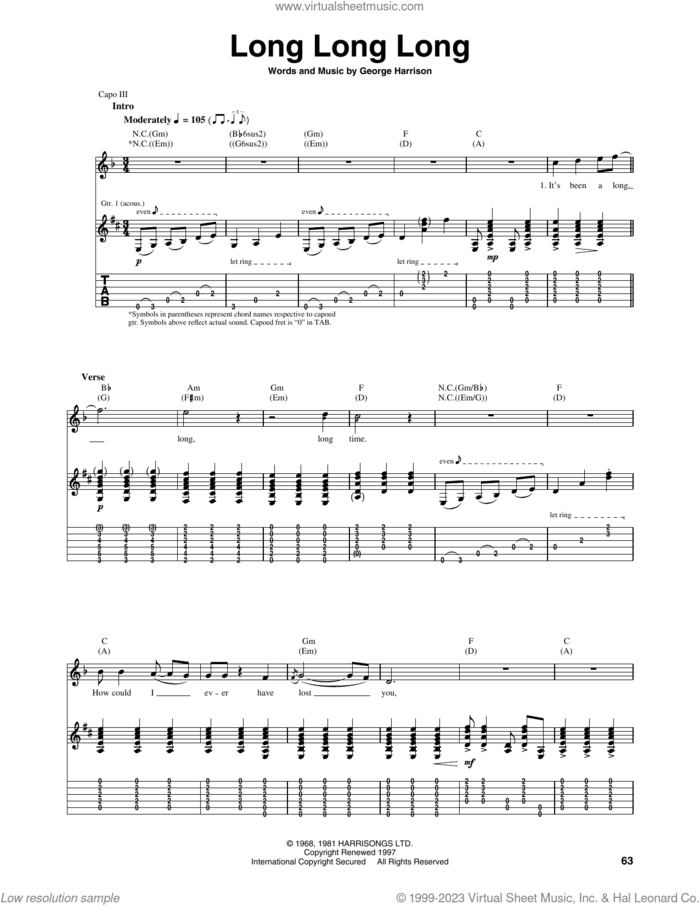 Long Long Long sheet music for guitar (tablature) by The Beatles and George Harrison, intermediate skill level