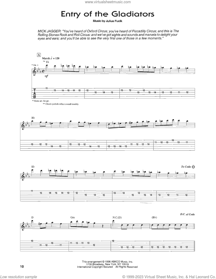 Entry Of The Gladiators sheet music for guitar (tablature) by The Rolling Stones and Julius Fucik, intermediate skill level