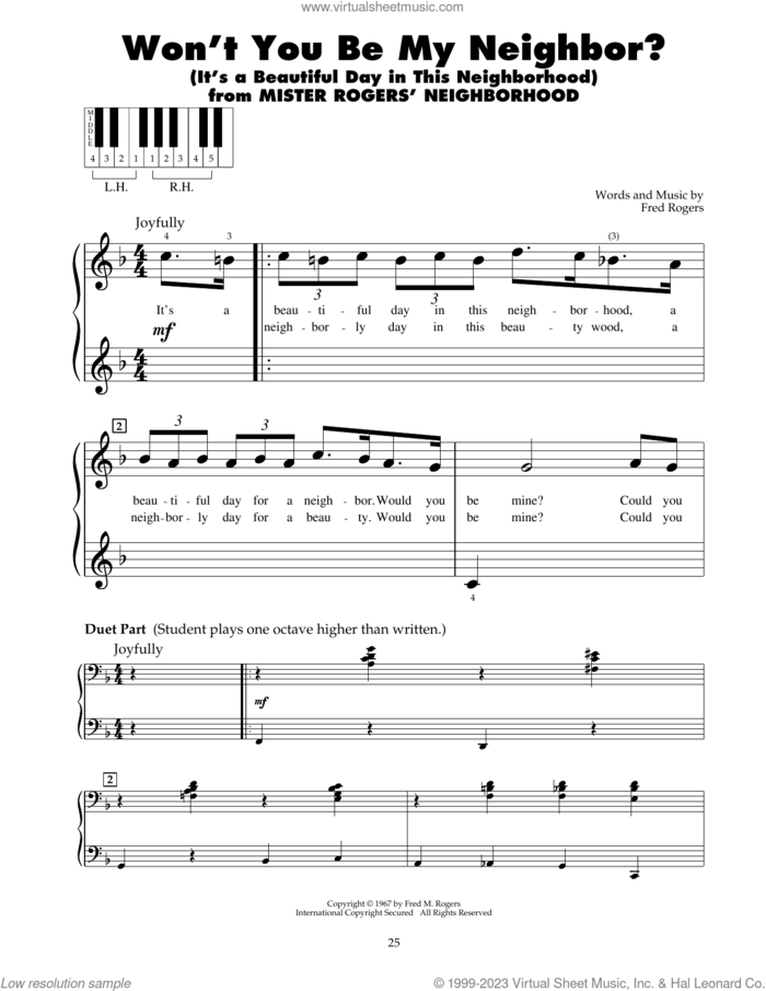 Won't You Be My Neighbor? (It's A Beautiful Day In The Neighborhood) sheet music for piano solo (5-fingers) by Fred Rogers, beginner piano (5-fingers)