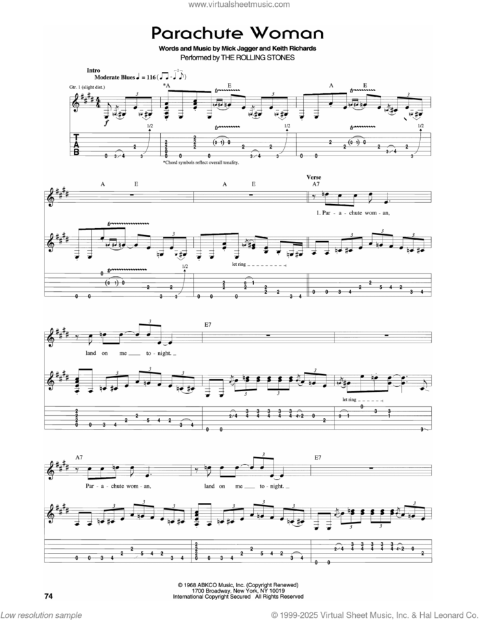 Parachute Woman sheet music for guitar (tablature) by The Rolling Stones, Keith Richards and Mick Jagger, intermediate skill level
