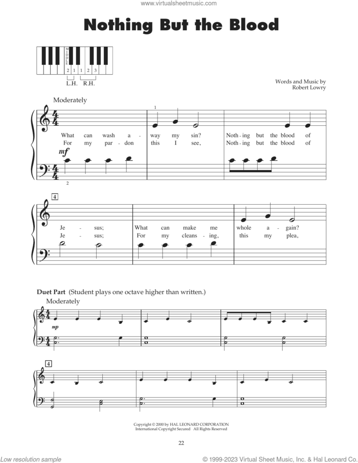 Nothing But The Blood (arr. Carol Klose) sheet music for piano solo (5-fingers) by Robert Lowry and Carol Klose, beginner piano (5-fingers)