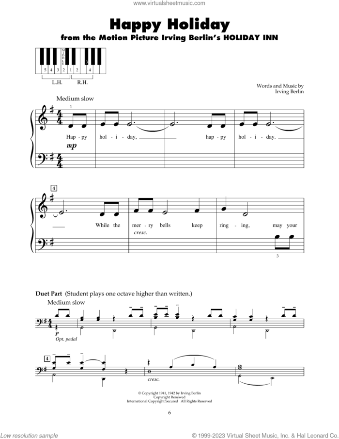 Happy Holiday sheet music for piano solo (5-fingers) by Irving Berlin, beginner piano (5-fingers)