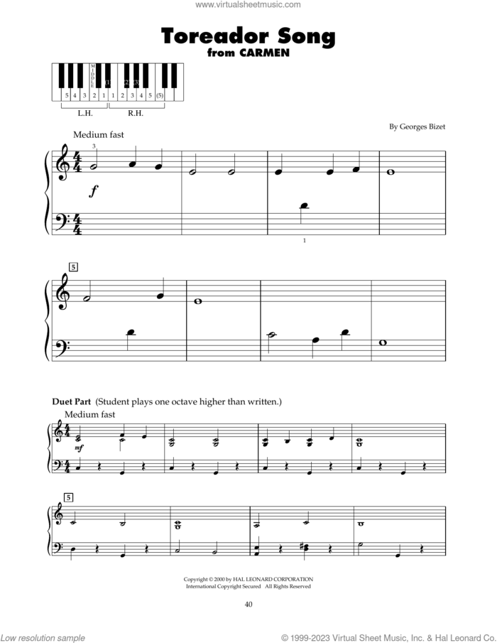 Toreador Song (arr. Carol Klose) sheet music for piano solo (5-fingers) by Georges Bizet and Carol Klose, classical score, beginner piano (5-fingers)