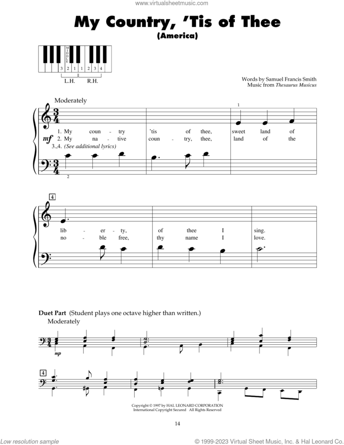 My Country, 'Tis Of Thee (America) sheet music for piano solo (5-fingers) by Samuel Francis Smith and Thesaurus Musicus, beginner piano (5-fingers)