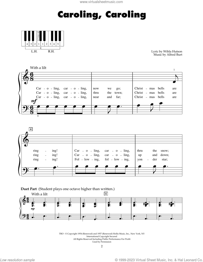 Caroling, Caroling sheet music for piano solo (5-fingers) by Alfred Burt and Wihla Hutson, beginner piano (5-fingers)