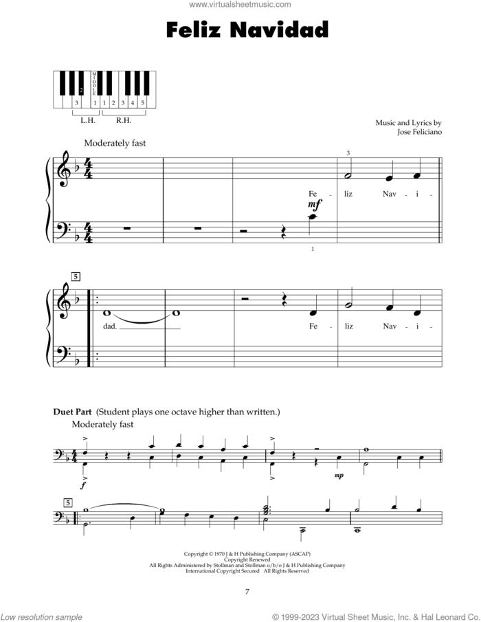 Feliz Navidad sheet music for piano solo (5-fingers) by Jose Feliciano, beginner piano (5-fingers)