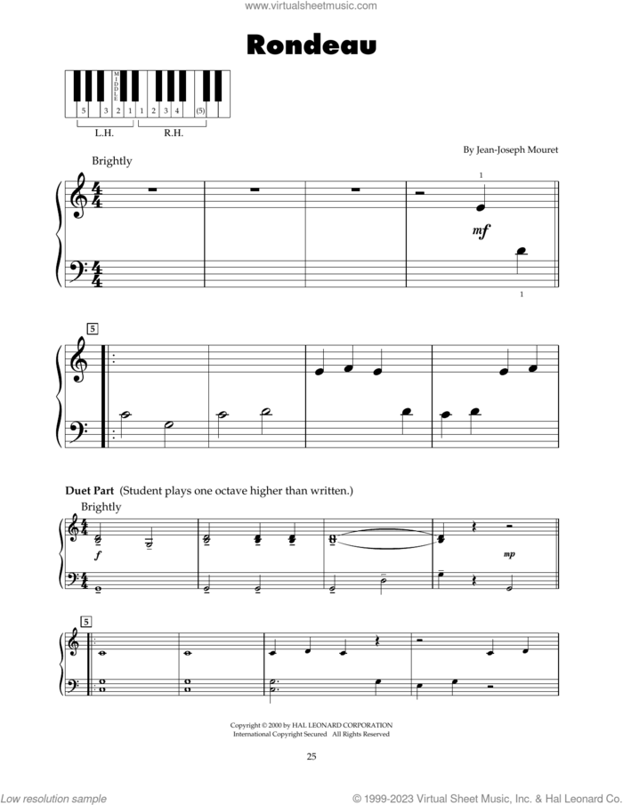 Fanfare Rondeau (arr. Carol Klose) sheet music for piano solo (5-fingers) by Jean-Joseph Mouret and Carol Klose, classical wedding score, beginner piano (5-fingers)