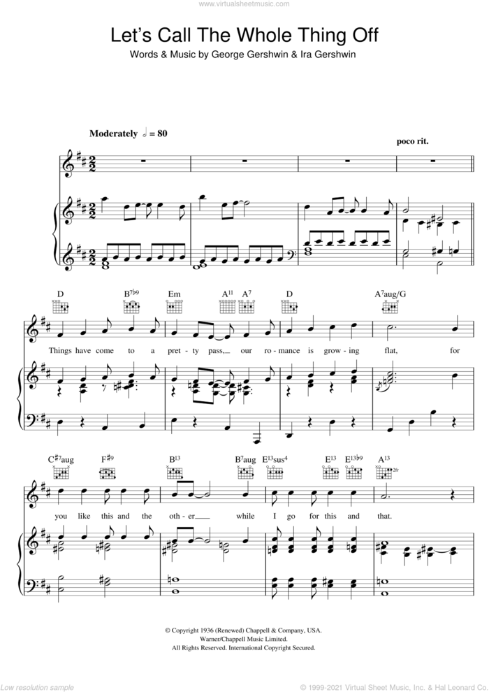 Let's Call The Whole Thing Off sheet music for voice, piano or guitar by George Gershwin and Ira Gershwin, intermediate skill level