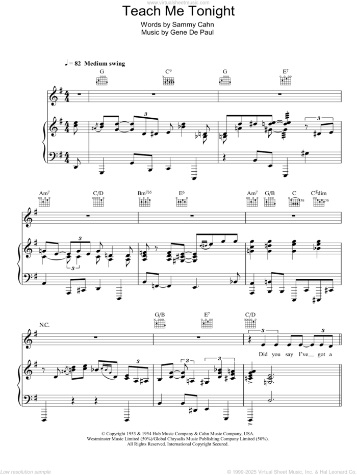 Teach Me Tonight sheet music for voice, piano or guitar by Sammy Cahn and Gene DePaul, intermediate skill level