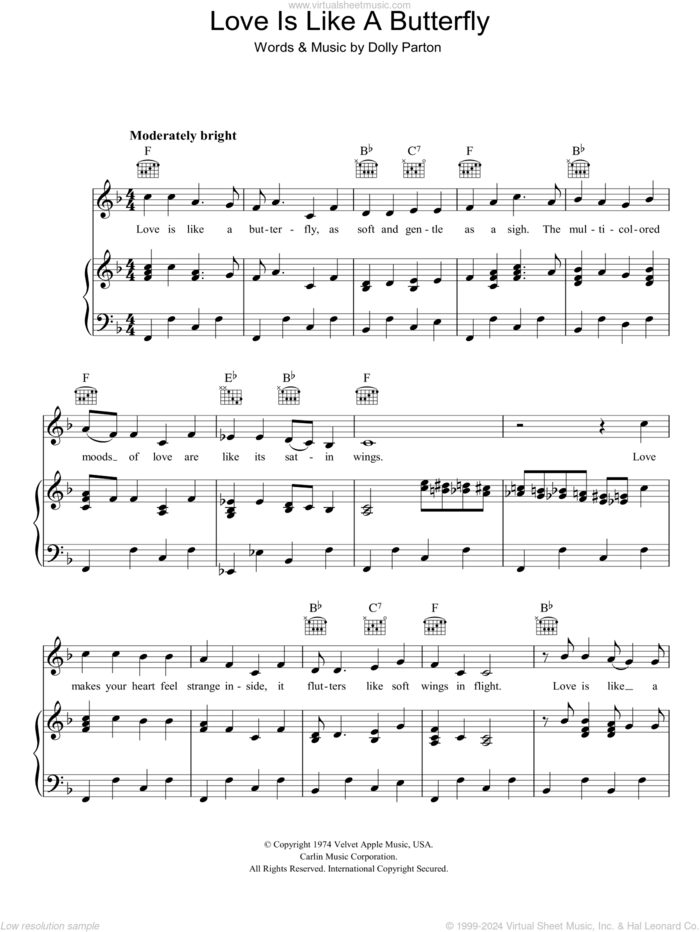 Love Is Like A Butterfly sheet music for voice, piano or guitar by Dolly Parton, intermediate skill level