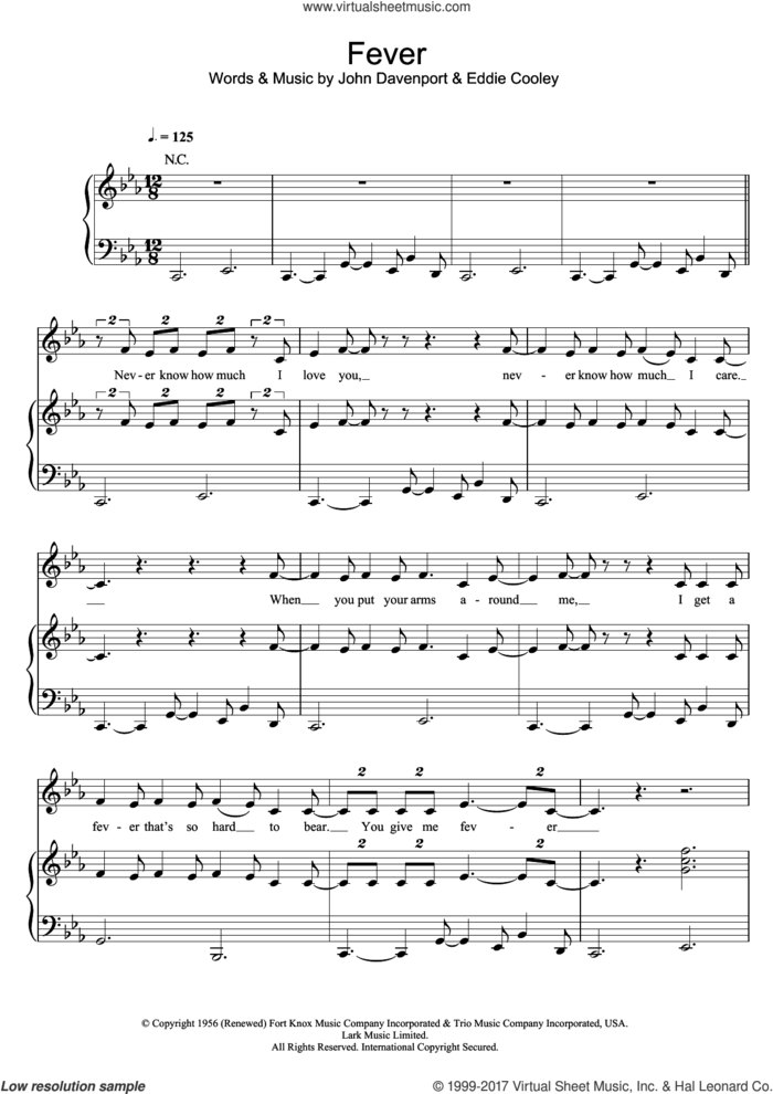 Fever sheet music for voice, piano or guitar by Peggy Lee, Michael Buble, Eddie Cooley and John Davenport, intermediate skill level