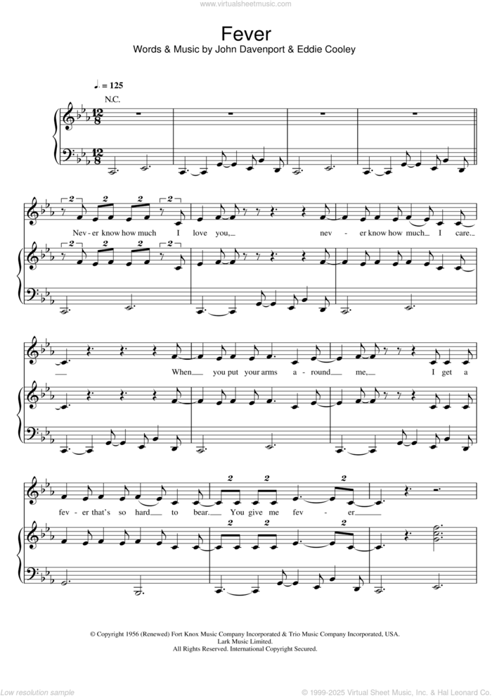 Fever sheet music for voice, piano or guitar by Peggy Lee, Michael Buble, Eddie Cooley and John Davenport, intermediate skill level