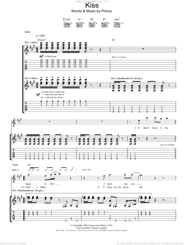 Kiss sheet music for guitar (tablature) by Prince & The Revolution and Prince, intermediate skill level