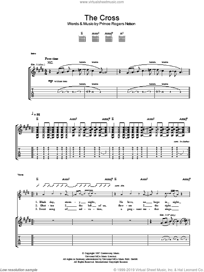 The Cross sheet music for guitar (tablature) by Prince and Prince Rogers Nelson, intermediate skill level
