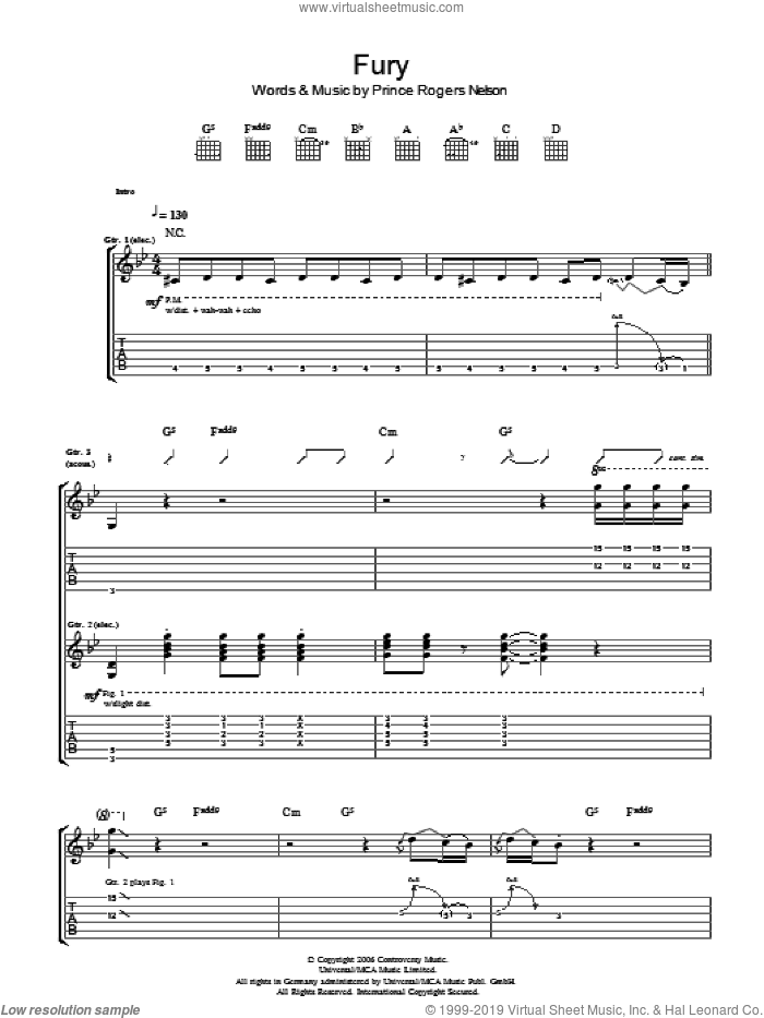 Fury sheet music for guitar (tablature) by Prince and Prince Rogers Nelson, intermediate skill level