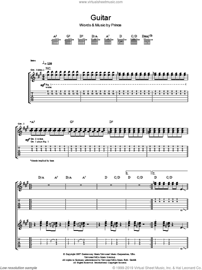 Guitar sheet music for guitar (tablature) by Prince, intermediate skill level