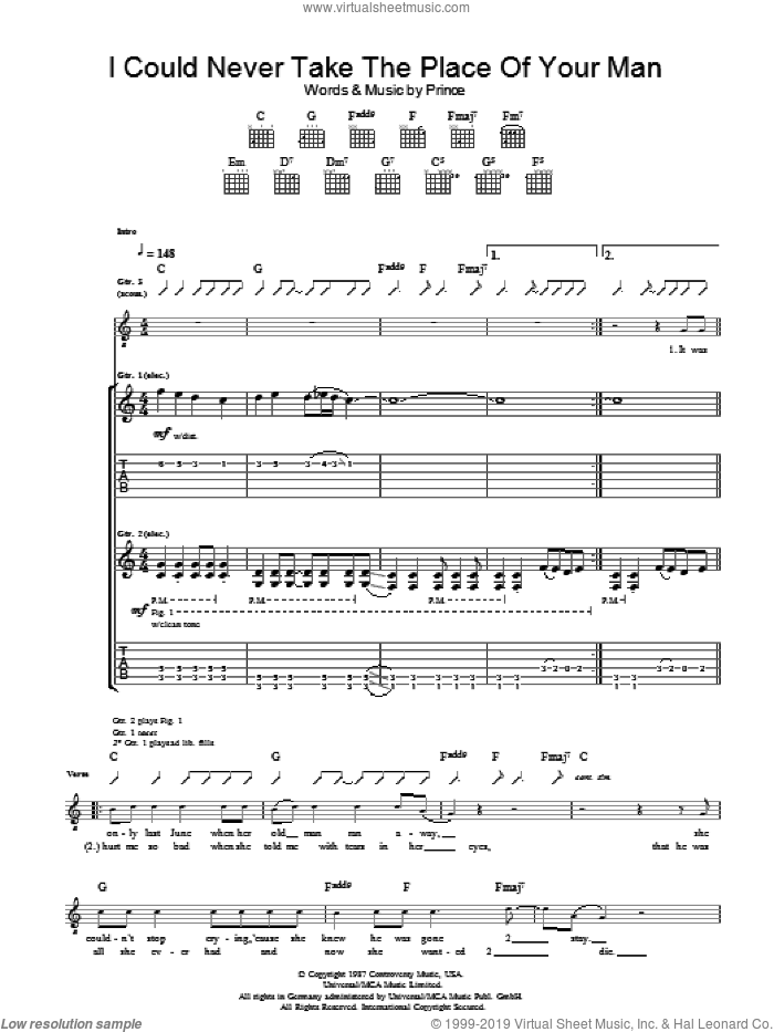 I Could Never Take The Place Of Your Man sheet music for guitar (tablature) by Prince, intermediate skill level