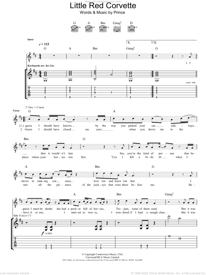 Little Red Corvette sheet music for guitar (tablature) by Prince, intermediate skill level