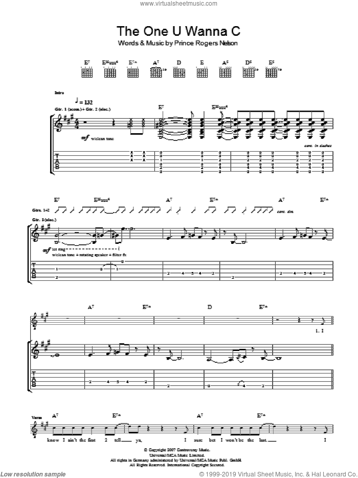 The One U Wanna C sheet music for guitar (tablature) by Prince and Prince Rogers Nelson, intermediate skill level