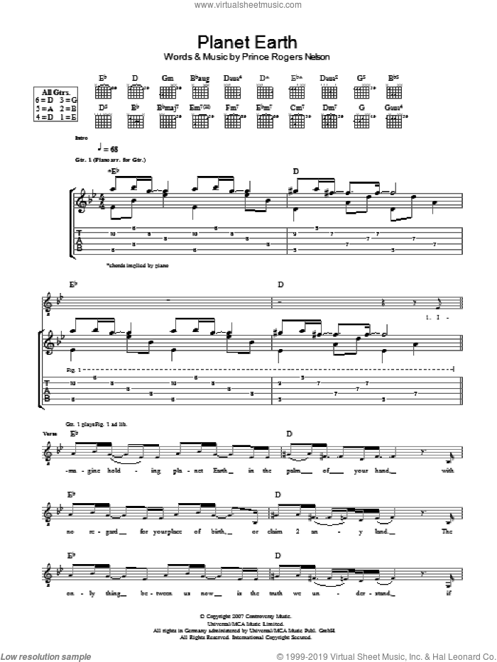 Planet Earth sheet music for guitar (tablature) by Prince and Prince Rogers Nelson, intermediate skill level