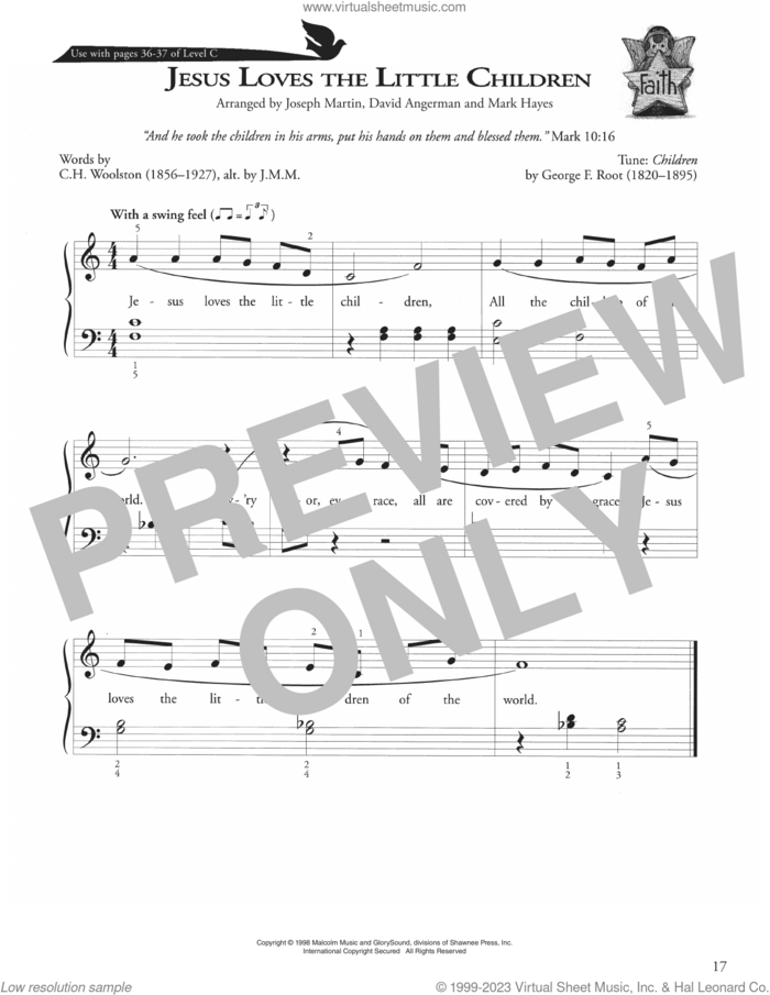 Jesus Loves The Little Children sheet music for piano solo (method) by George F. Root, Joseph Martin, David Angerman and Mark Hayes, David Angerman, Joseph M. Martin, Mark Hayes and C.H. Woolston, beginner piano (method)