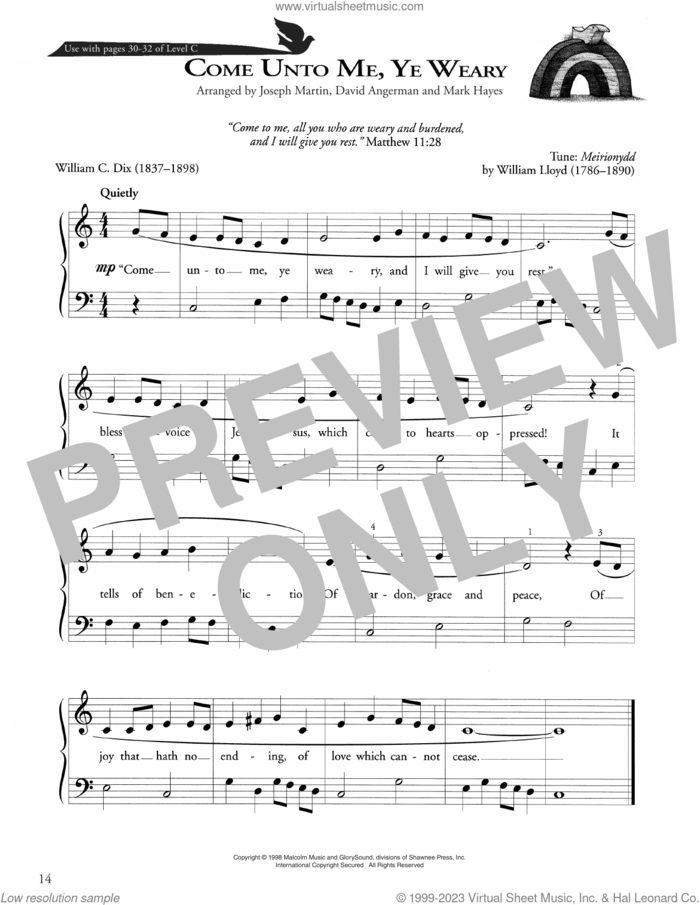 Come To Me, Ye Weary sheet music for piano solo (method) by William Chatterton Dix, Joseph Martin, David Angerman and Mark Hayes, David Angerman, Joseph M. Martin, Mark Hayes and William Lloyd, beginner piano (method)