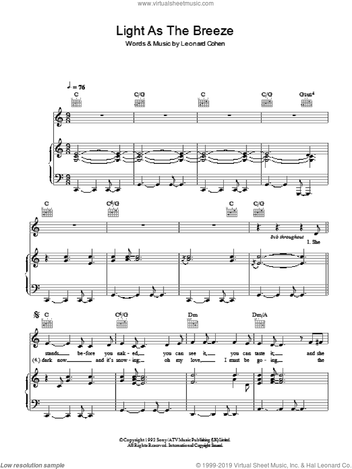Light As The Breeze sheet music for voice, piano or guitar by Leonard Cohen, intermediate skill level
