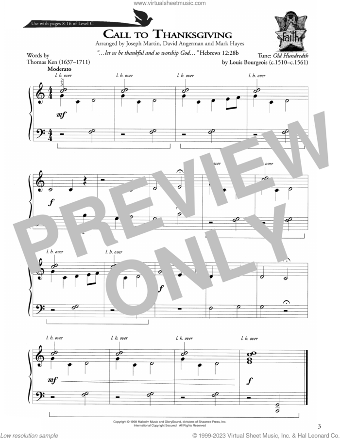 Call To Thanksgiving sheet music for piano solo (method) by Thomas Ken, Joseph Martin, David Angerman and Mark Hayes, David Angerman, Joseph M. Martin, Mark Hayes and Louis Bourgeois, beginner piano (method)
